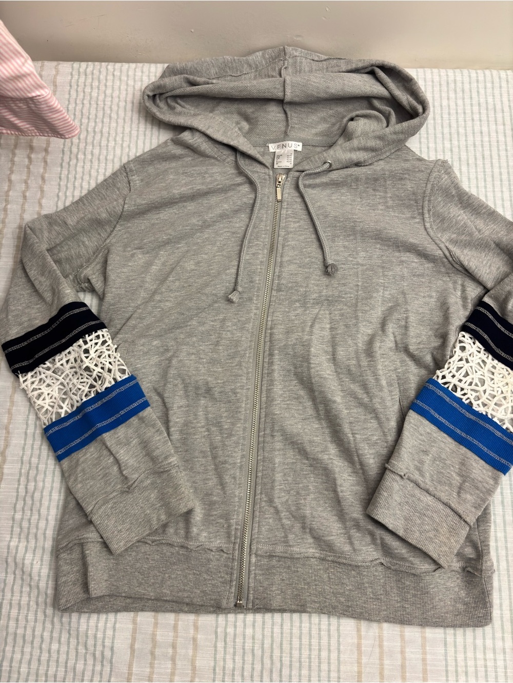 VENUS Gray Zip Hoodie with Blue and Black Sleeve Stripes and White Lace